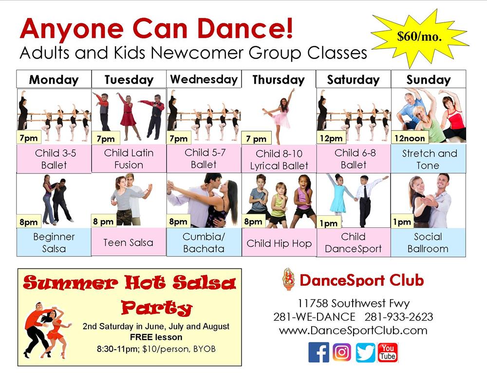 June group dance class schedule for adults and kids in Houston at DanceSport Club